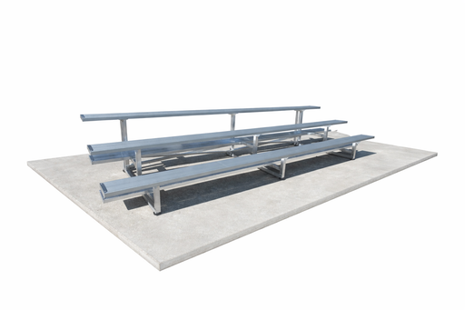 Metal bleachers on a concrete platform with a white background
