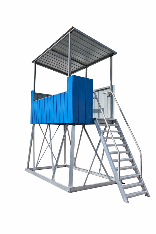 Metal observation tower with blue platform and staircase on a white background