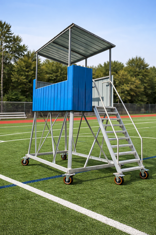 Metal observation tower with a blue platform on a sports field